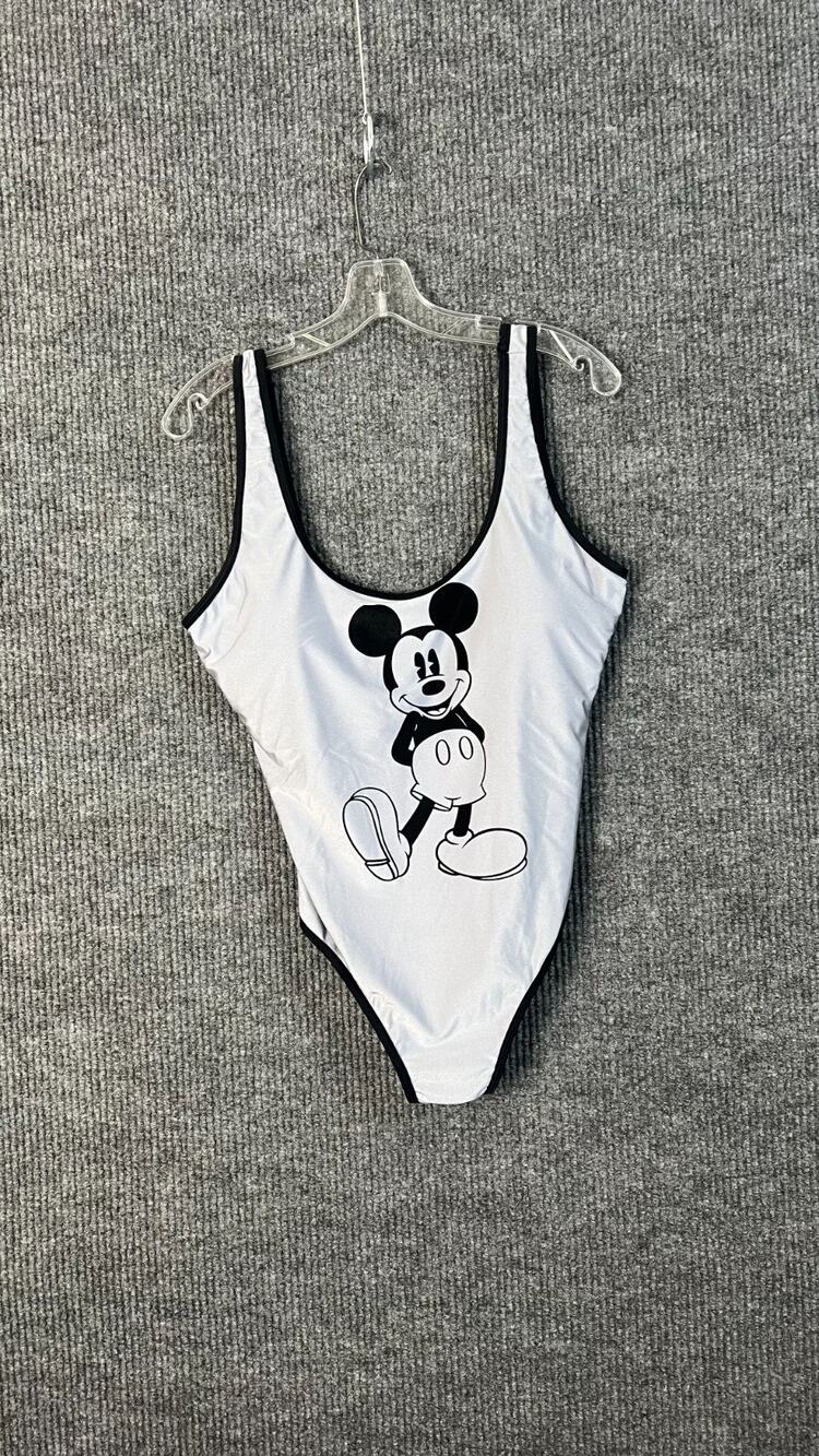 Disney Bathing Suit Womens XL Silver Black Mickey Mouse One Piece Monochrome